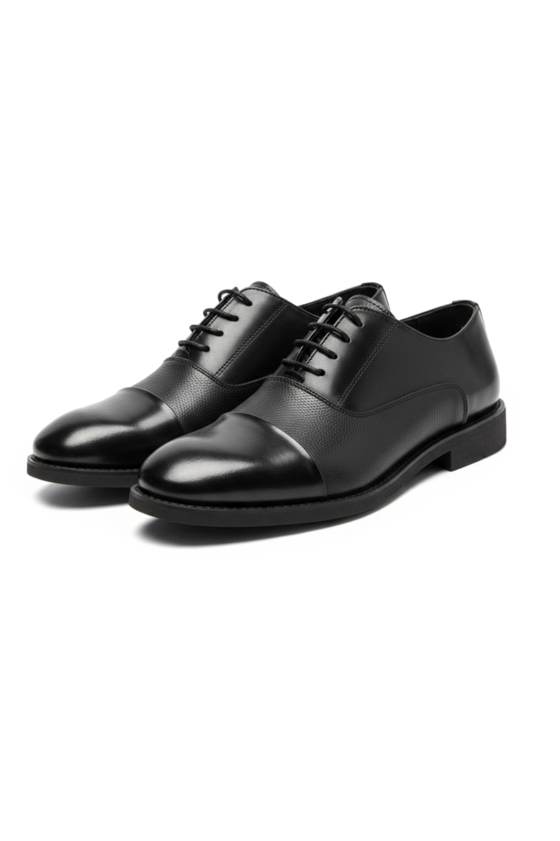 کفش رسمی مردانه چرم مشکی بنددار مدل Cap Toe